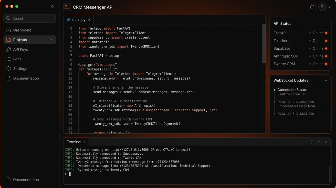 CRM Messenger API — FastAPI-сервис для интеграции личного Telegram-аккаунта с Twenty CRM и Supabase. AI-классификация контактов, двусторонний обмен сообщениями, WebSocket real-time обновления.