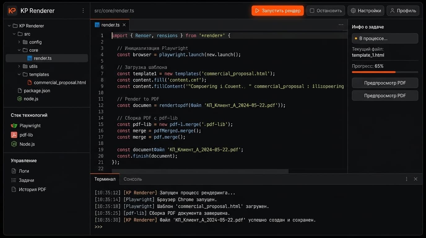 KP Renderer — Каждое коммерческое предложение верстается вручную — это часы работы и непредсказуемый результат.