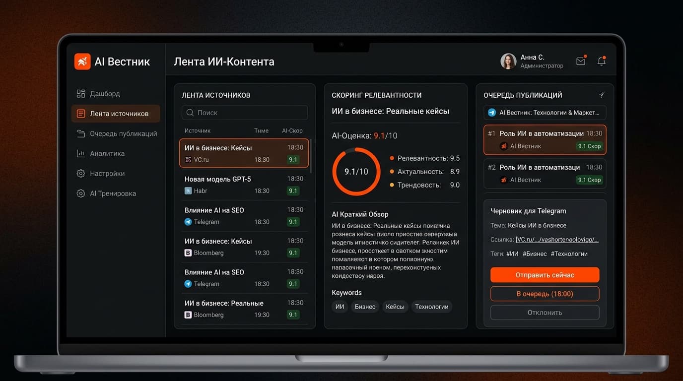 AI Content Aggregator — Ведение Telegram-канала требует ежедневного мониторинга десятков источников и ручного отбора контента.