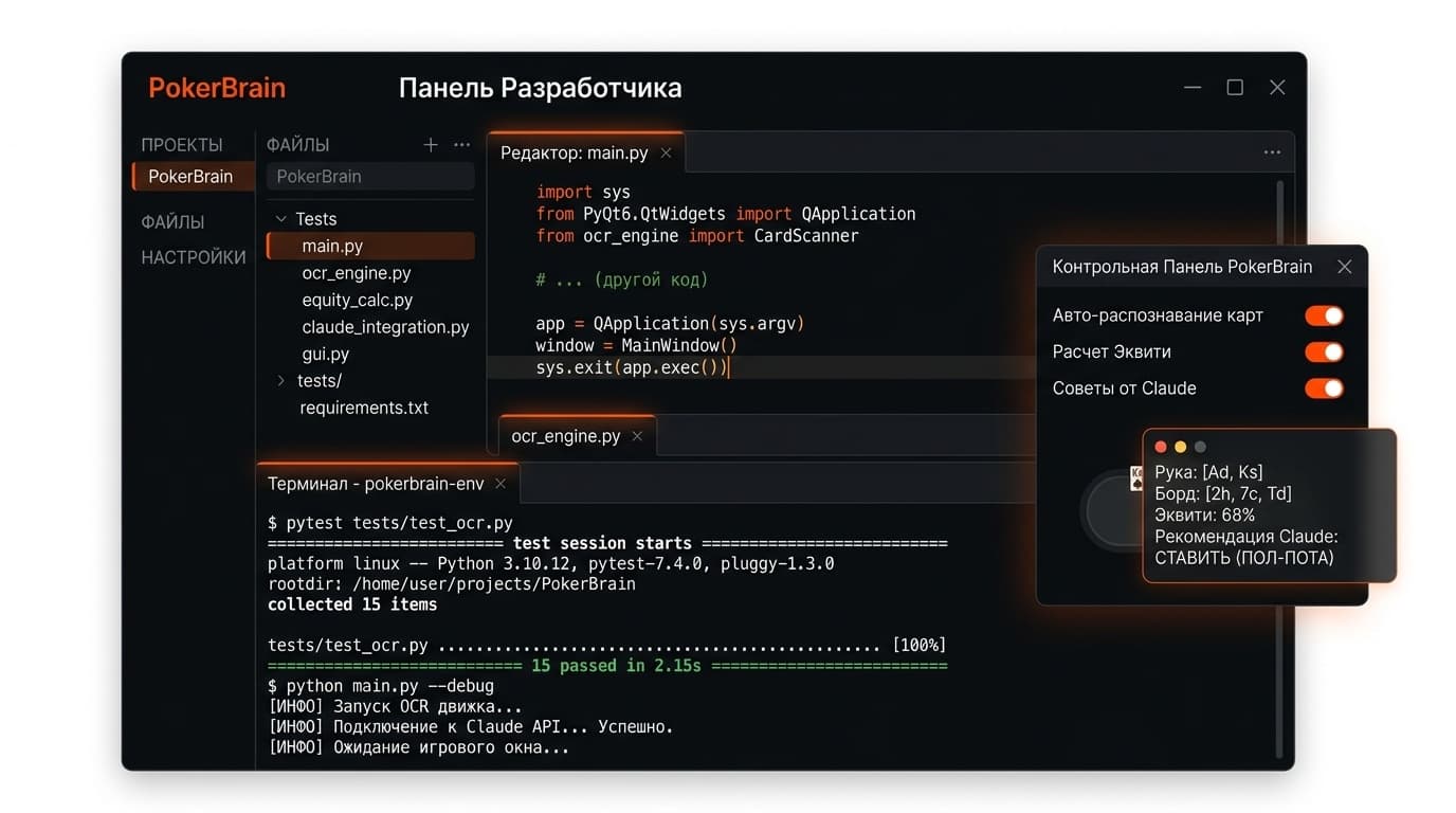PokerBrain — Покер требует мгновенных решений — но математика за столом недоступна без инструмента, который не мешает игре.