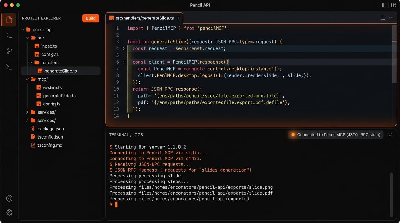 Pencil API — HTTP-микросервис для генерации слайдов через Pencil MCP. Управляет жизненным циклом desktop-приложения, обрабатывает JSON-RPC через stdio и экспортирует готовые презентации в PNG/PDF.