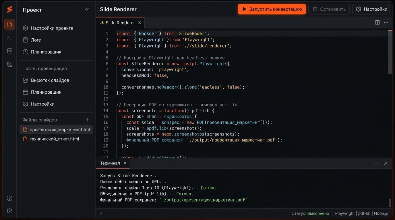 Slide Renderer — Экспорт презентаций в PDF вручную — это потерянное время и сломанная верстка.